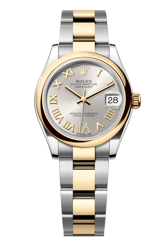 Rolex Oyster Perpetual Datejust 31 in Oystersteel and yellow gold features a silver, diamond-set dial and an Oyster bracelet. 278243-Silver