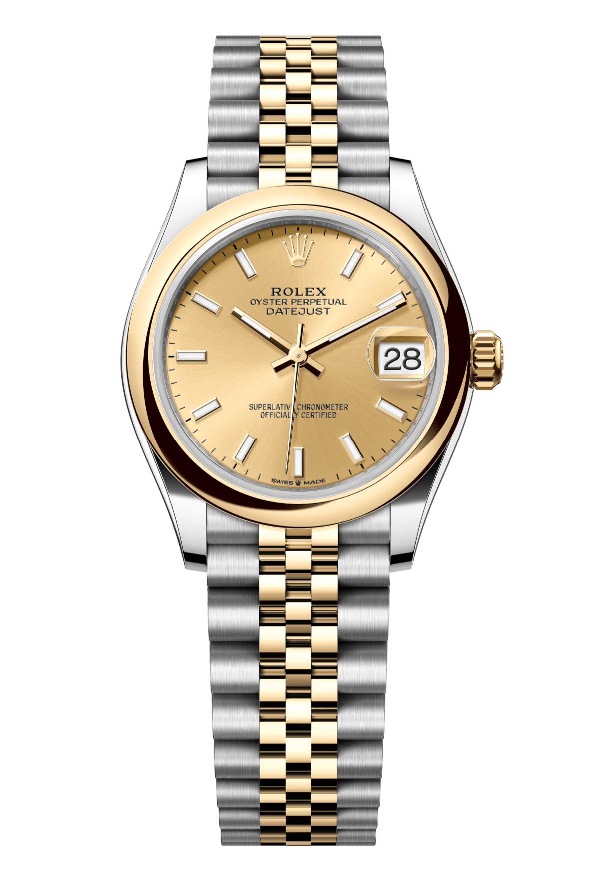 Rolex Oyster Perpetual Datejust 31 in Oystersteel and yellow gold features a champagne-colour dial and a Jubilee bracelet. 278243-Champagne 1