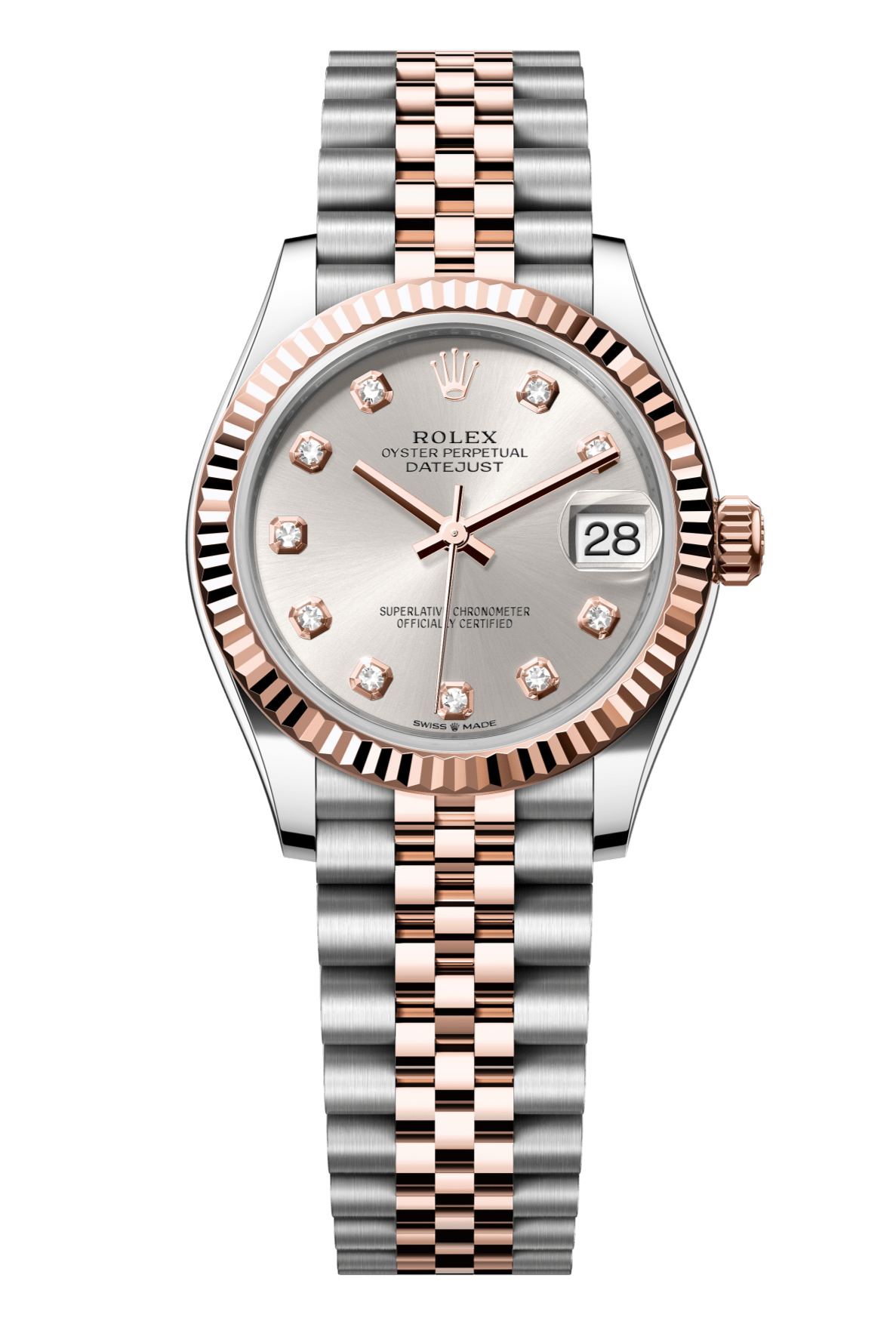 Rolex Oyster Perpetual Datejust 31 in Oystersteel and Everose gold features a silver, diamond-set dial and a Jubilee bracelet 278271-Silver