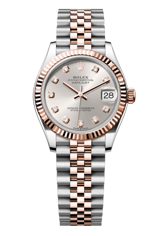 Rolex Oyster Perpetual Datejust 31 in Oystersteel and Everose gold features a silver, diamond-set dial and a Jubilee bracelet 278271-Silver