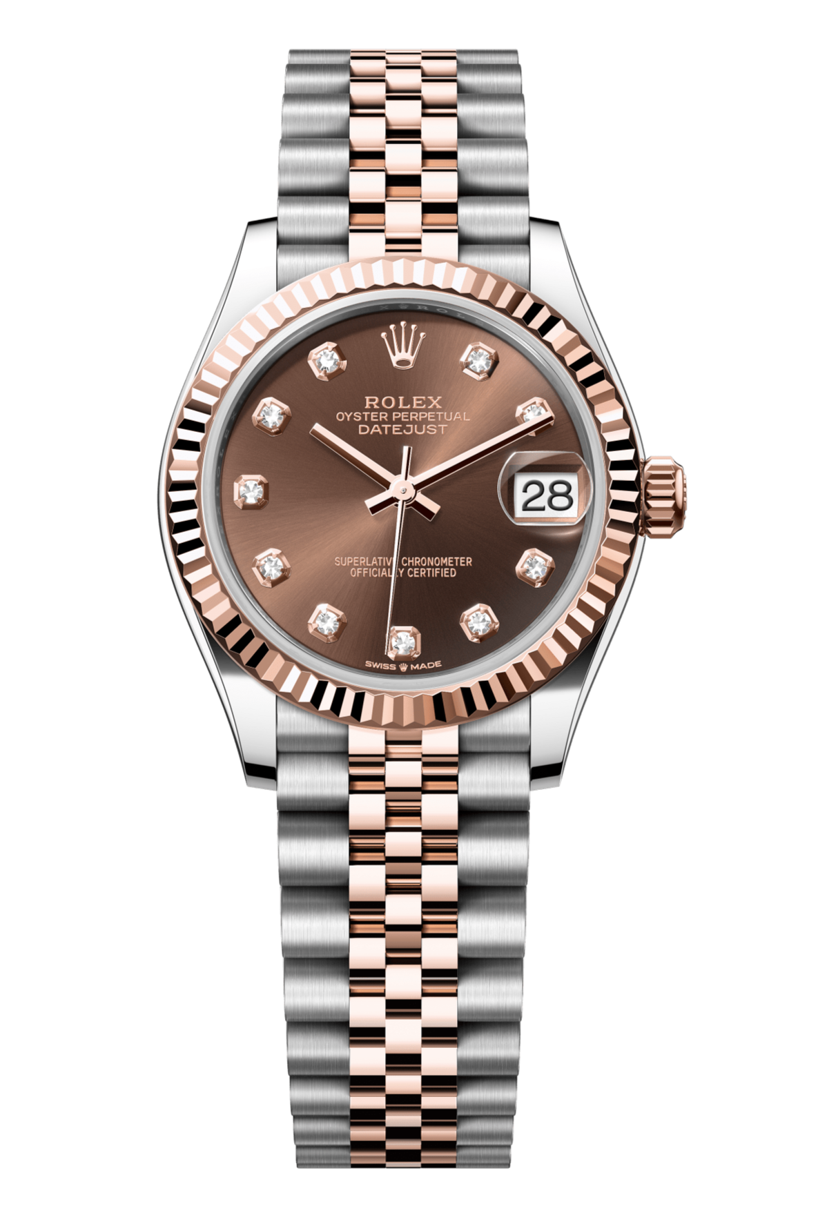 Rolex Oyster Perpetual Datejust 31 in Oystersteel and Everose gold features a chocolate, diamond-set dial and a Jubilee bracelet 278271-Chocolate