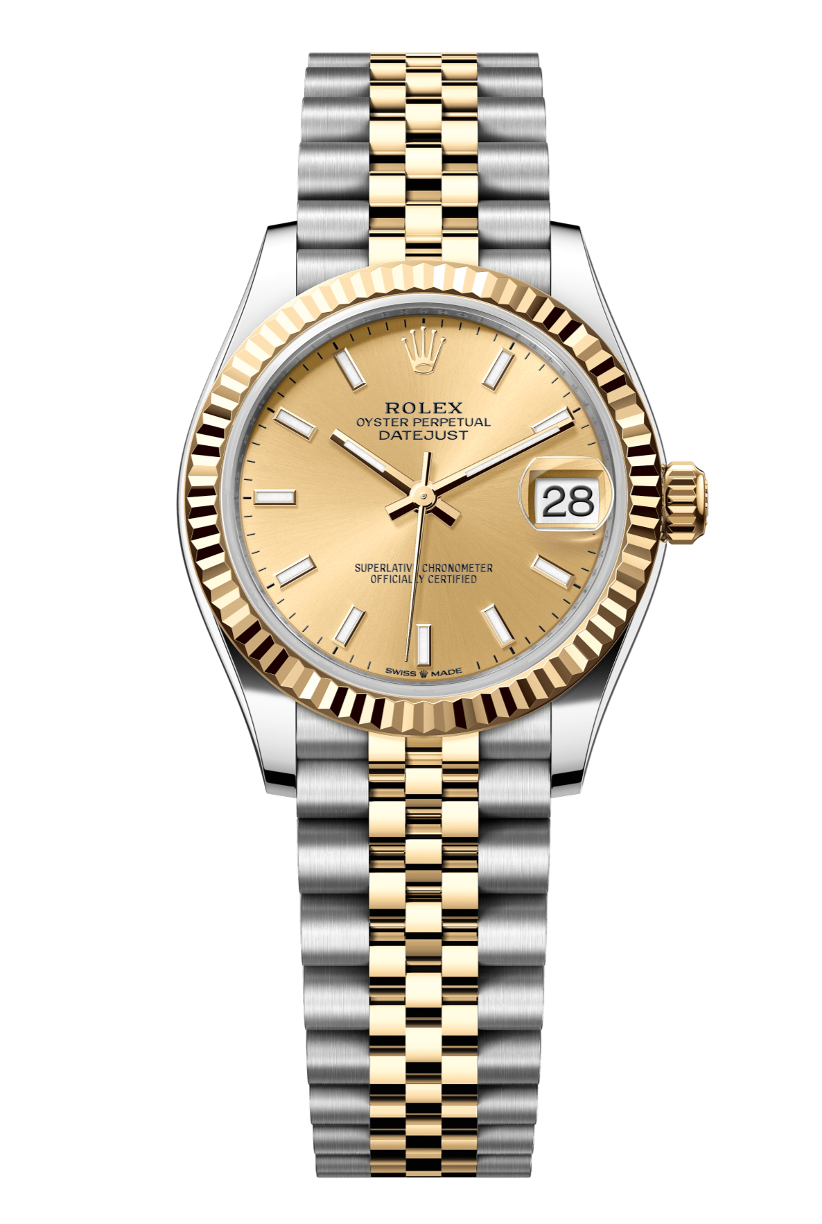 Rolex Oyster Perpetual Datejust 31 in Oystersteel and yellow gold features a champagne-colour dial and a Jubilee bracelet. 278273-Champagne 1