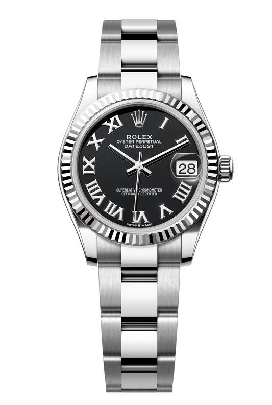 Rolex Oyster Perpetual Datejust 31 in Oystersteel and white gold features a bright black dial and an Oyster bracelet. 278274-Black