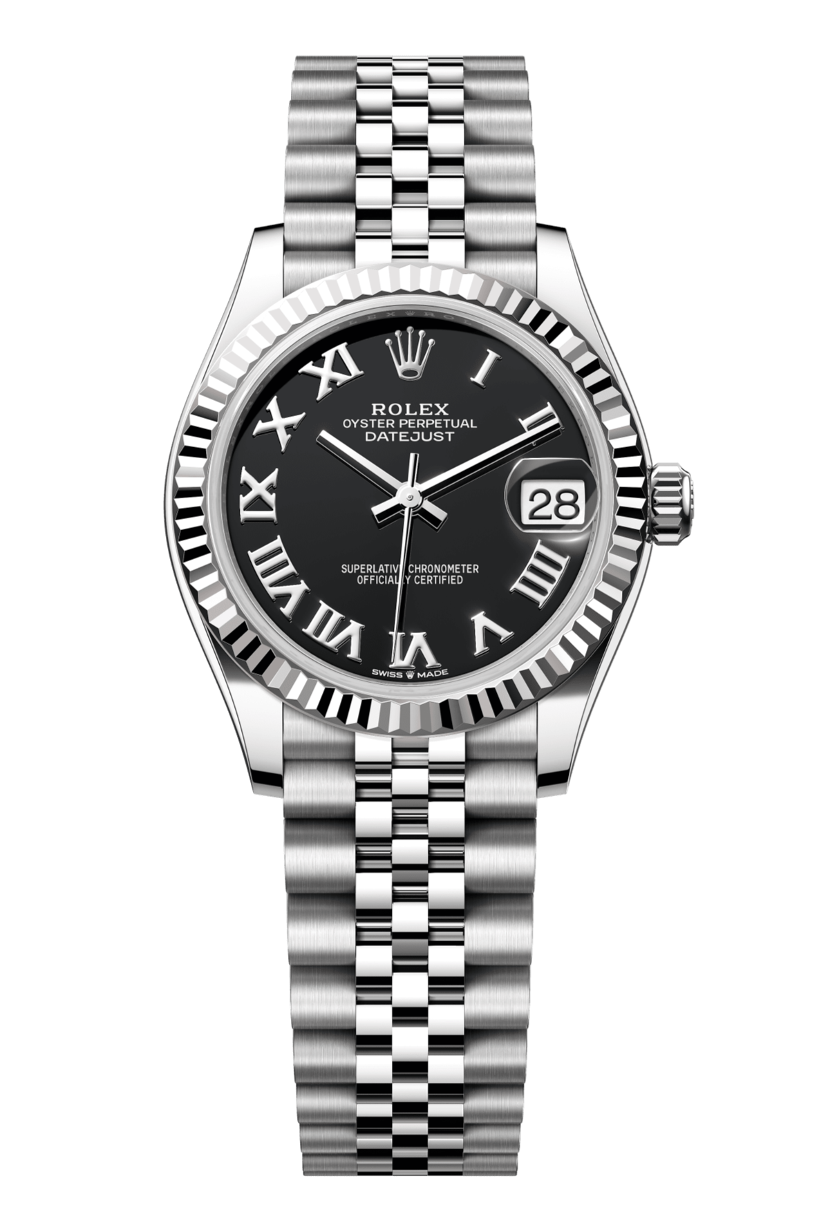 Rolex Oyster Perpetual Datejust 31 in Oystersteel and white gold features a bright black dial and a Jubilee bracelet. 278274-Black 1