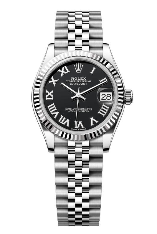 Rolex Oyster Perpetual Datejust 31 in Oystersteel and white gold features a bright black dial and a Jubilee bracelet. 278274-Black 1