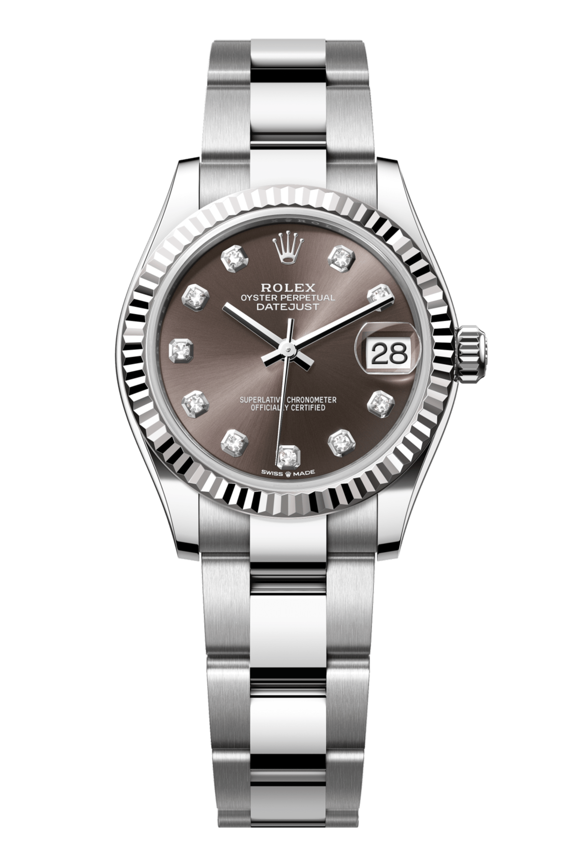 Rolex Oyster Perpetual Datejust 31 in Oystersteel and white gold features a dark grey, diamond-set dial and an Oyster bracelet. 278274-Grey 1