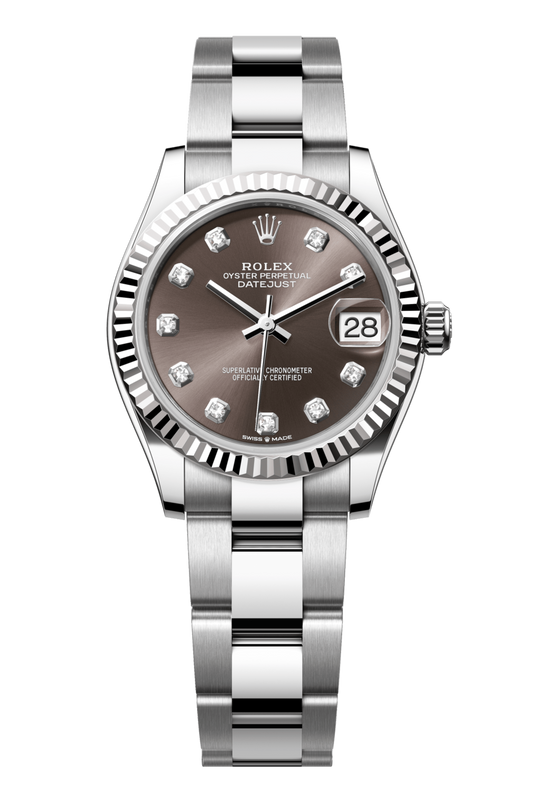 Rolex Oyster Perpetual Datejust 31 in Oystersteel and white gold features a dark grey, diamond-set dial and an Oyster bracelet. 278274-Grey 1