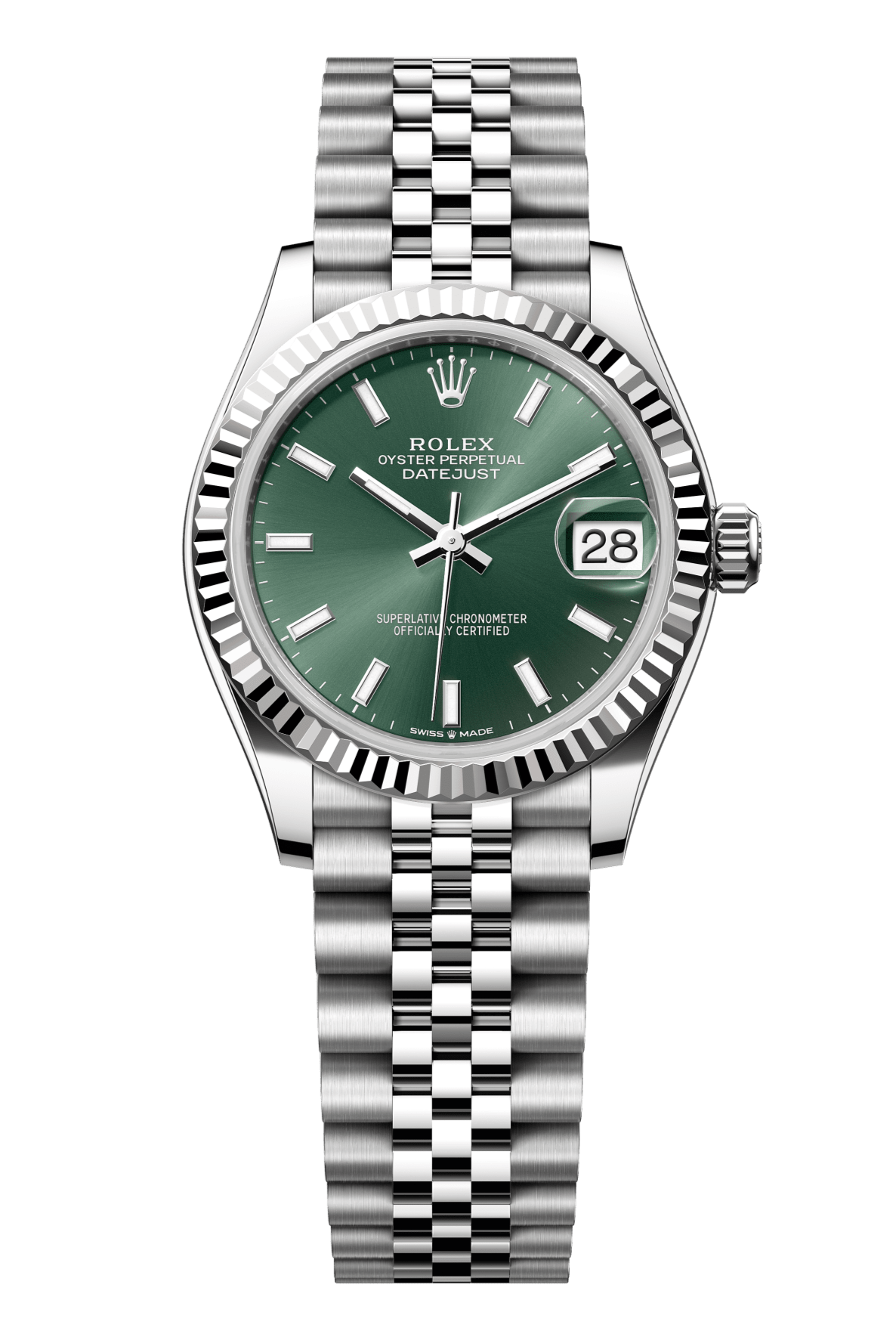 Rolex Oyster Perpetual Datejust 31 in Oystersteel and white gold features a mint green dial and a Jubilee bracelet 278274-Green