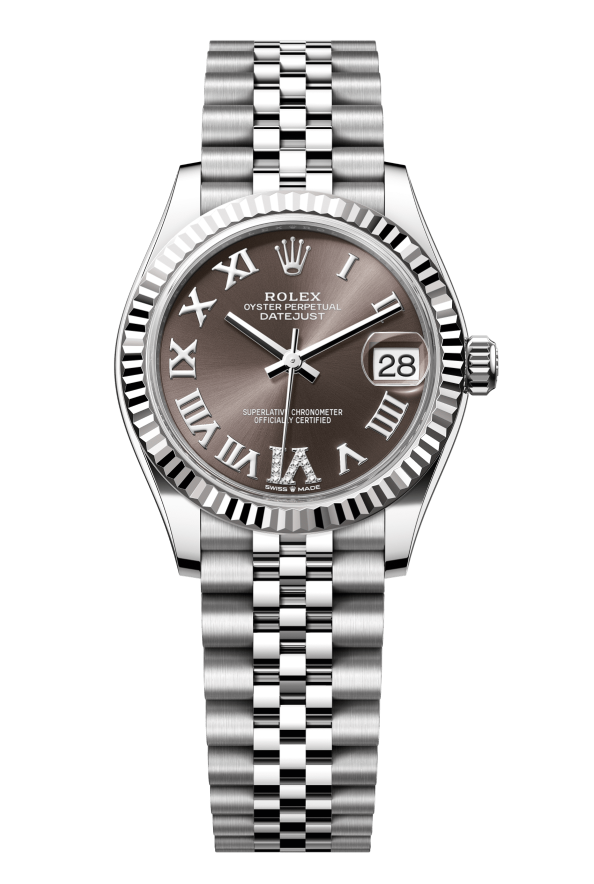 Rolex Oyster Perpetual Datejust 31 in Oystersteel and white gold features a dark grey, diamond-set dial and a Jubilee bracelet 278274-Grey