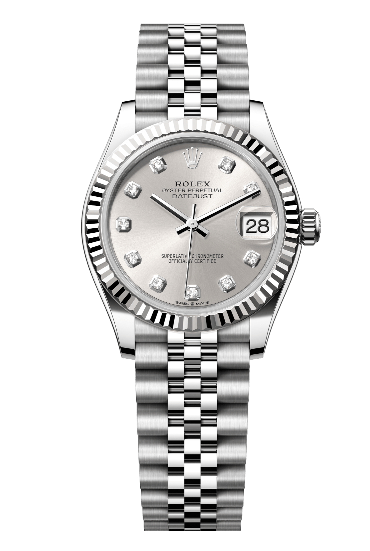 Rolex Oyster Perpetual Datejust 31 in Oystersteel and white gold features a silver, diamond-set dial and a Jubilee bracelet 278274-Silver