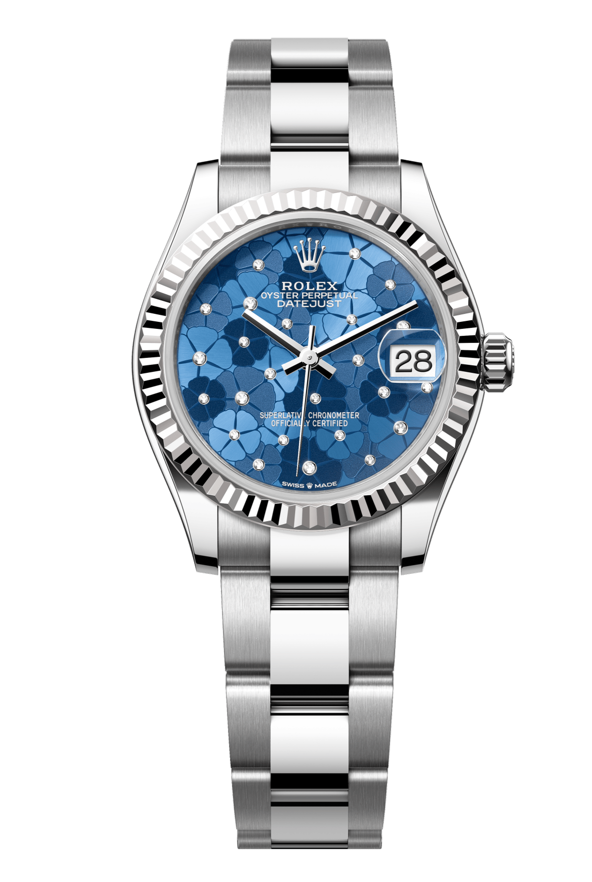 Rolex Oyster Perpetual Datejust 31 in Oystersteel and white gold features an azzurro-blue floral-motif, diamond-set dial and an Oyster bracelet 278274-Blue