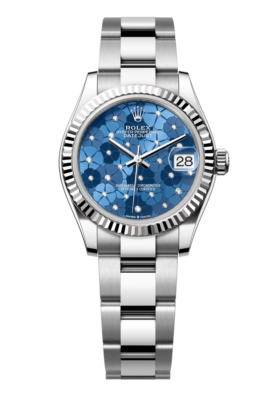 Rolex Oyster Perpetual Datejust 31 in Oystersteel and white gold features an azzurro-blue floral-motif, diamond-set dial and an Oyster bracelet 278274-Blue