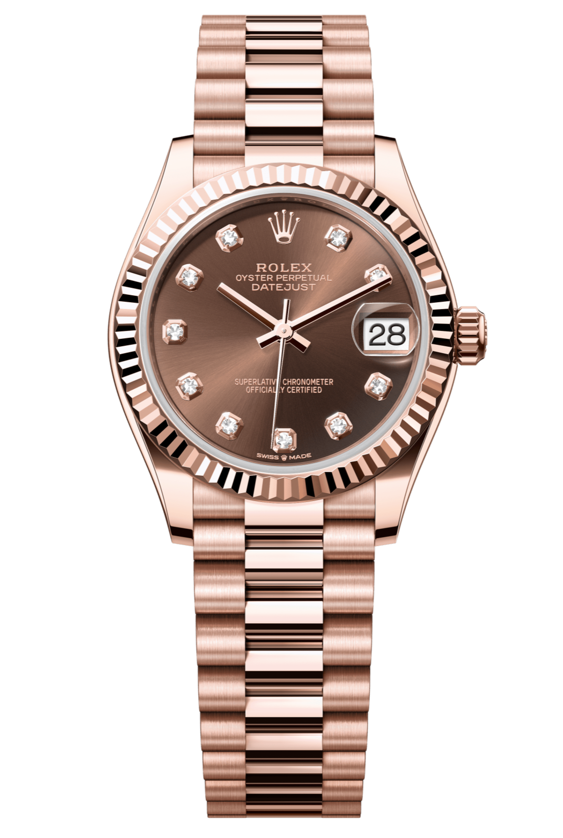 Rolex Oyster Perpetual Datejust 31 in 18 ct Everose gold features a chocolate, diamond-set dial and a President bracelet 278275-Chocolate