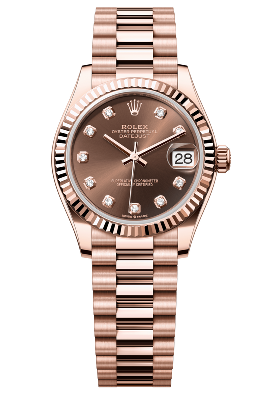 Rolex Oyster Perpetual Datejust 31 in 18 ct Everose gold features a chocolate, diamond-set dial and a President bracelet 278275-Chocolate