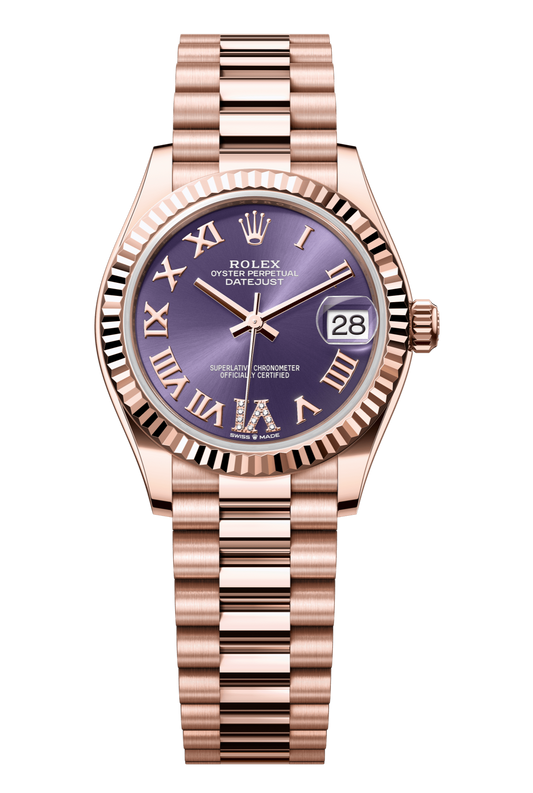 Rolex Oyster Perpetual Datejust 31 in 18 ct Everose gold features an aubergine, diamond-set dial and a President bracelet 278275- Aubergine