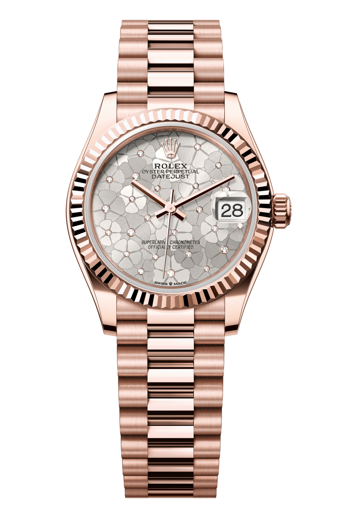 Rolex Oyster Perpetual Datejust 31 in 18 ct Everose gold features a silver floral-motif, diamond-set dial and a President bracelet 278275-Silver