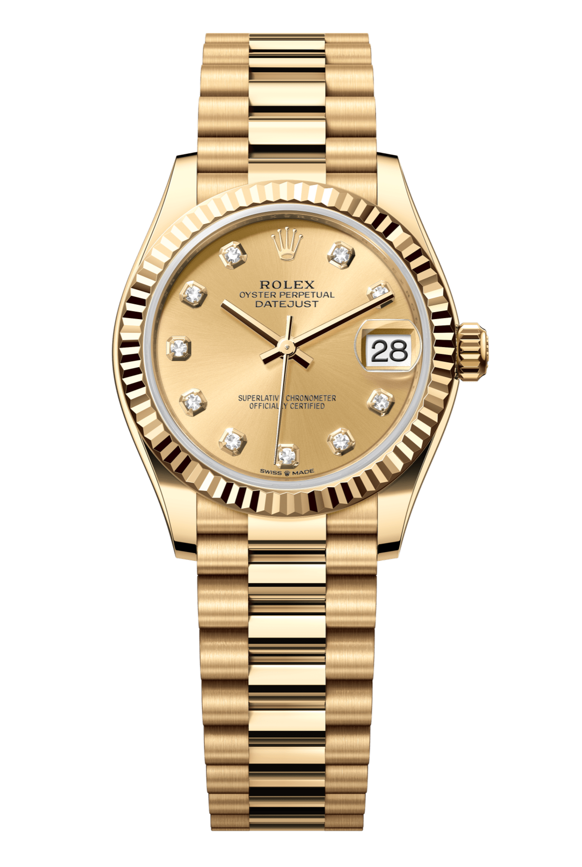 Rolex Oyster Perpetual Datejust 31 in 18 ct yellow gold features a champagne colour, diamond-set dial and a President bracelet 278278-Champagne