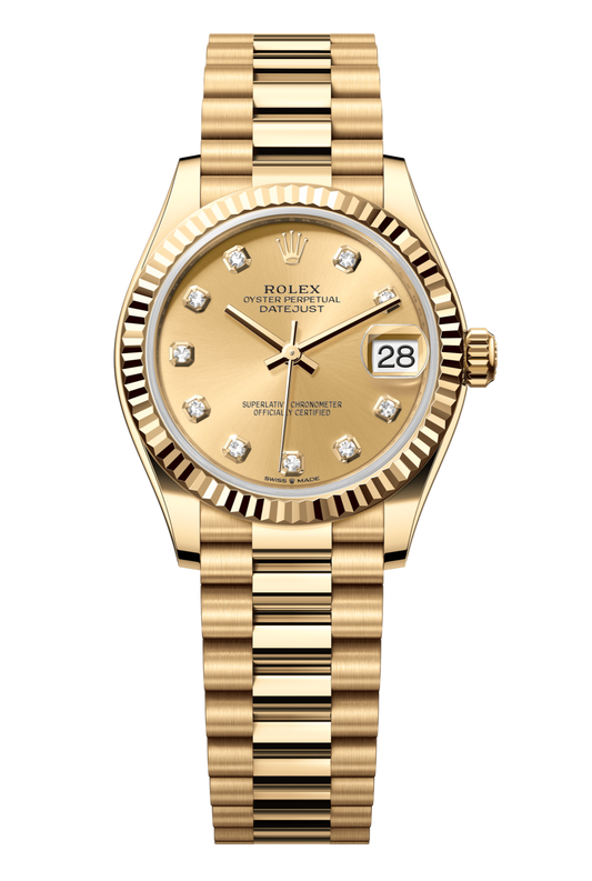 Rolex Oyster Perpetual Datejust 31 in 18 ct yellow gold features a champagne colour, diamond-set dial and a President bracelet 278278-Champagne