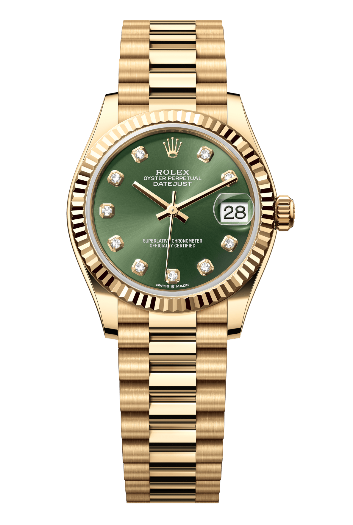 Rolex Oyster Perpetual Datejust 31 in 18 ct yellow gold features an olive-green, diamond-set dial and a President bracelet 278278-Green Diamond