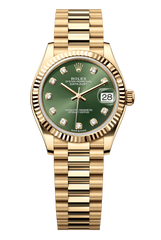 Rolex Oyster Perpetual Datejust 31 in 18 ct yellow gold features an olive-green, diamond-set dial and a President bracelet 278278-Green Diamond