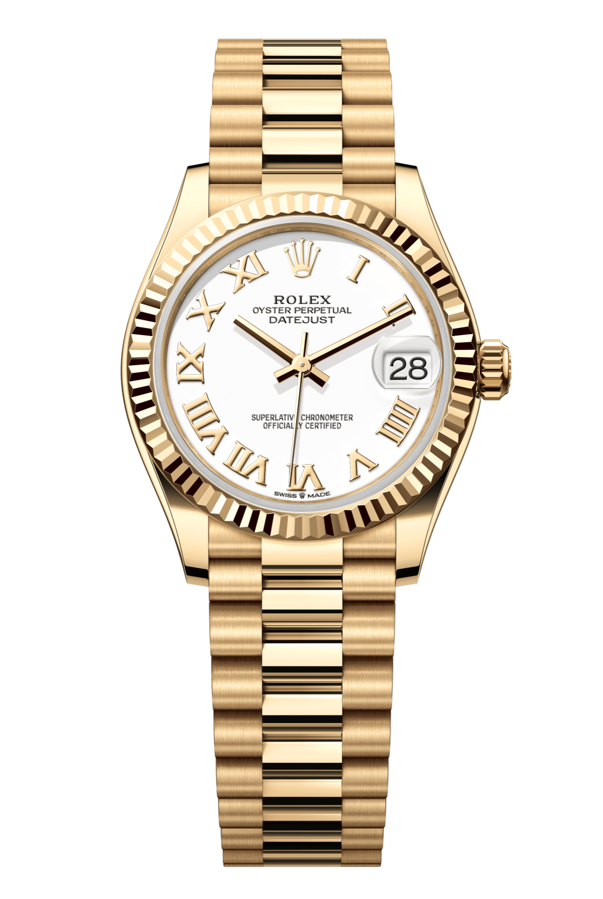 Rolex Oyster Perpetual Datejust 31 in 18 ct yellow gold features a white dial and a President bracelet 278278-White