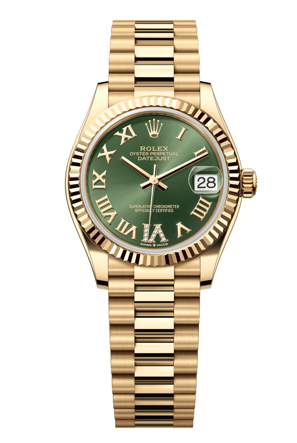 Rolex Oyster Perpetual Datejust 31 in 18 ct yellow gold features an olive-green, diamond-set dial and a President bracelet 278278-Green