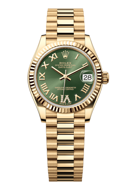 Rolex Oyster Perpetual Datejust 31 in 18 ct yellow gold features an olive-green, diamond-set dial and a President bracelet 278278-Green