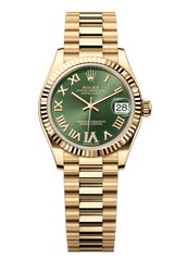 Rolex Oyster Perpetual Datejust 31 in 18 ct yellow gold features an olive-green, diamond-set dial and a President bracelet 278278-Green