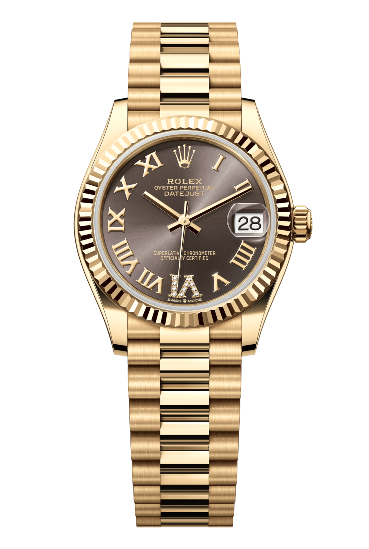 Rolex Oyster Perpetual Datejust 31 in 18 ct yellow gold features a dark grey, diamond-set dial and a President bracelet 278278-Grey