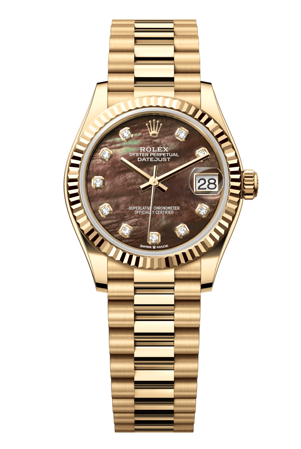 Rolex Oyster Perpetual Datejust 31 in 18 ct yellow gold features a black mother-of-pearl, diamond-set dial and a President bracelet 278278-Black Mother of Pearl