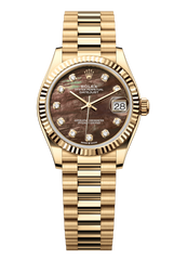 Rolex Oyster Perpetual Datejust 31 in 18 ct yellow gold features a black mother-of-pearl, diamond-set dial and a President bracelet 278278-Black Mother of Pearl