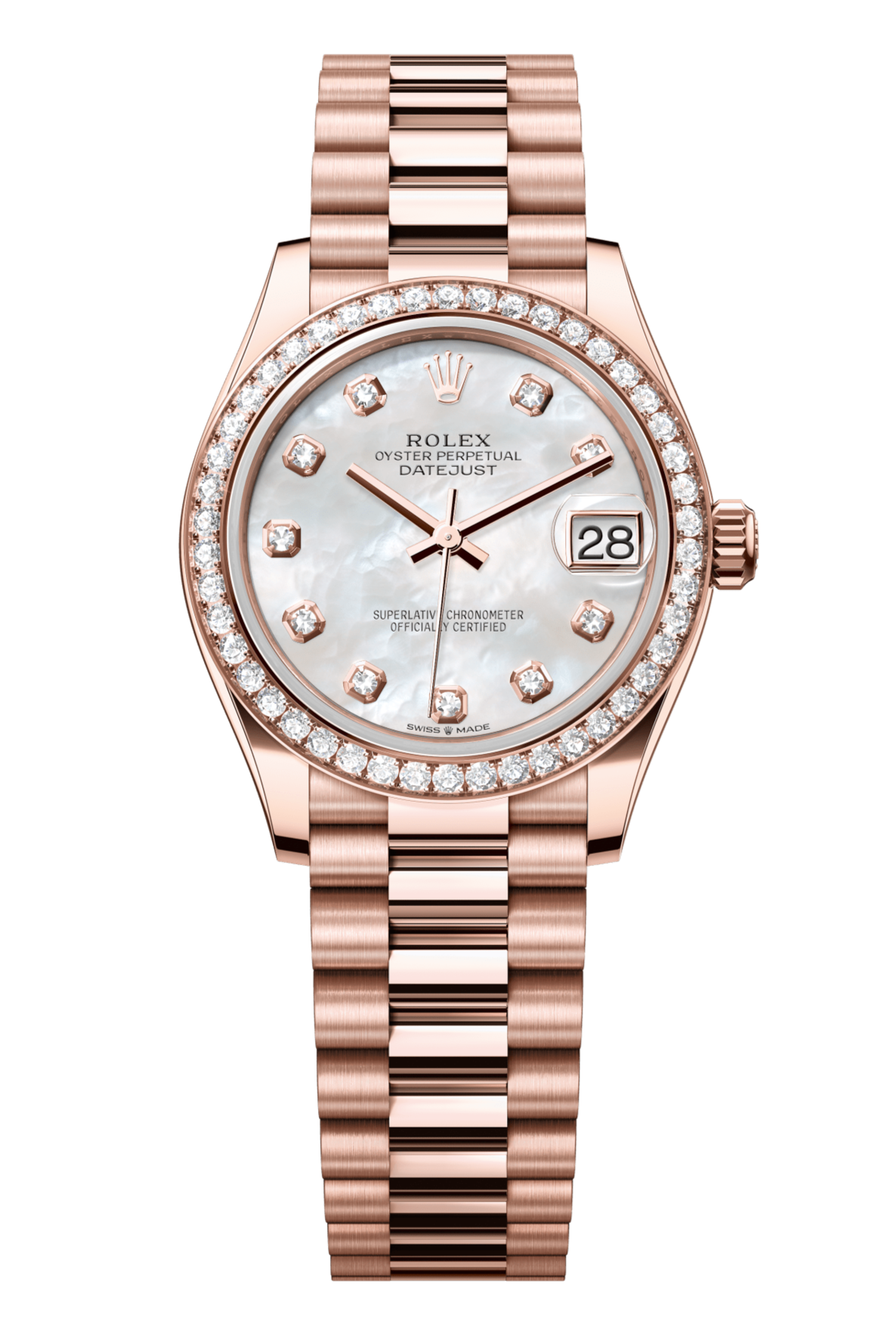 Rolex Oyster Perpetual Datejust 31 in 18 ct Everose gold features a white mother-of-pearl, diamond-set dial and a President bracelet 278285RBR-Mother of Pearl