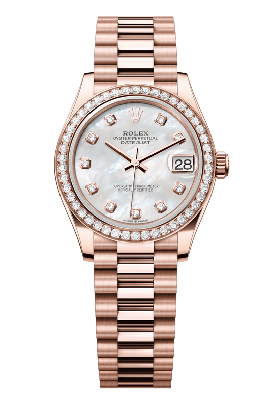 Rolex Oyster Perpetual Datejust 31 in 18 ct Everose gold features a white mother-of-pearl, diamond-set dial and a President bracelet 278285RBR-Mother of Pearl