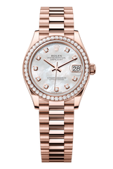 Rolex Oyster Perpetual Datejust 31 in 18 ct Everose gold features a white mother-of-pearl, diamond-set dial and a President bracelet 278285RBR-Mother of Pearl