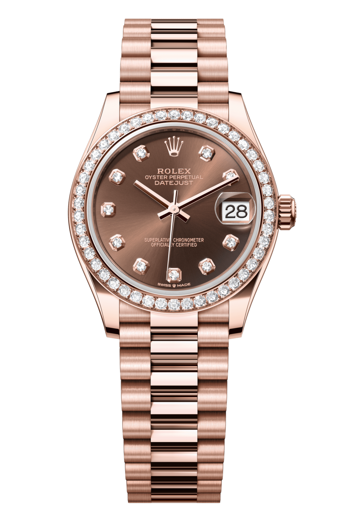 Rolex Oyster Perpetual Datejust 31 in 18 ct Everose gold features a chocolate, diamond-set dial and a President bracelet 278285RBR-Chocolate Diamond