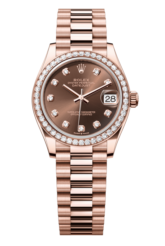 Rolex Oyster Perpetual Datejust 31 in 18 ct Everose gold features a chocolate, diamond-set dial and a President bracelet 278285RBR-Chocolate Diamond