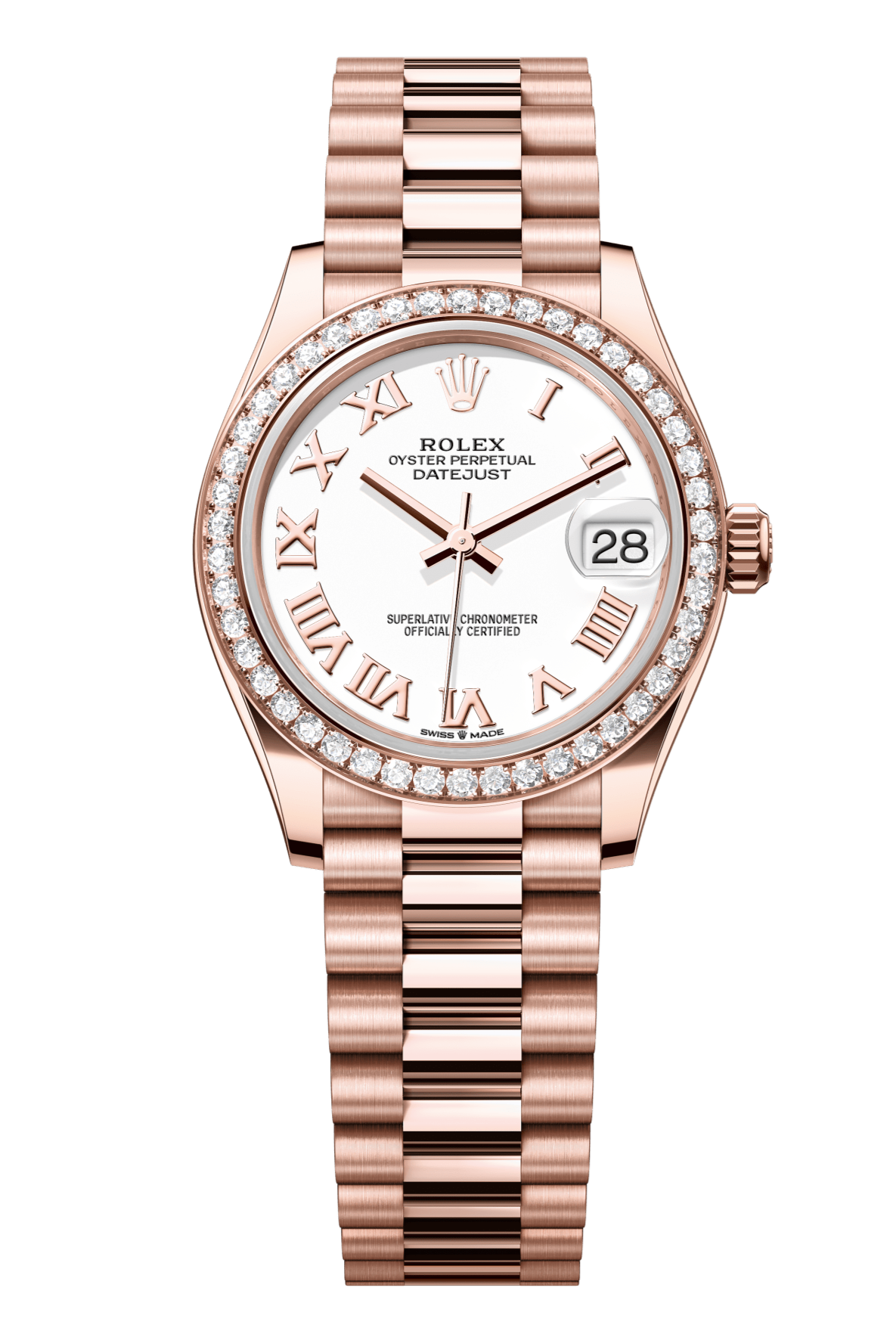 Rolex Oyster Perpetual Datejust 31 in 18 ct Everose gold features a white dial and a President bracelet 278285RBR-White