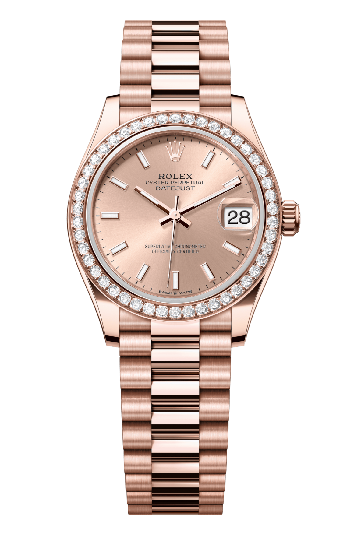 Rolex Oyster Perpetual Datejust 31 in 18 ct Everose gold features a rosé-colour dial and a President bracelet 278285RBR-Rose Gold 1