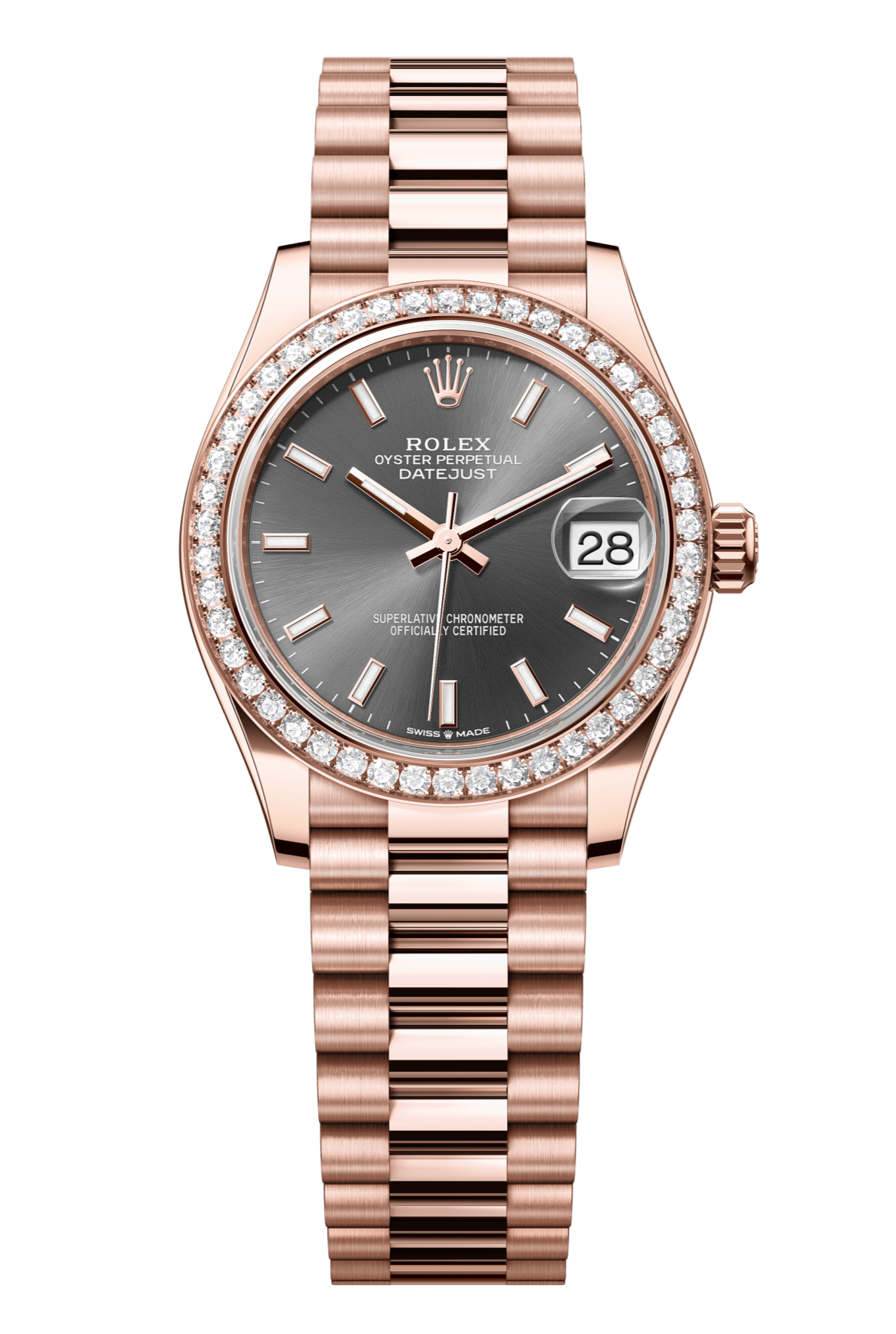 Rolex Oyster Perpetual Datejust 31 in 18 ct Everose gold features a slate dial and a President bracelet 278285RBR-Slate 1