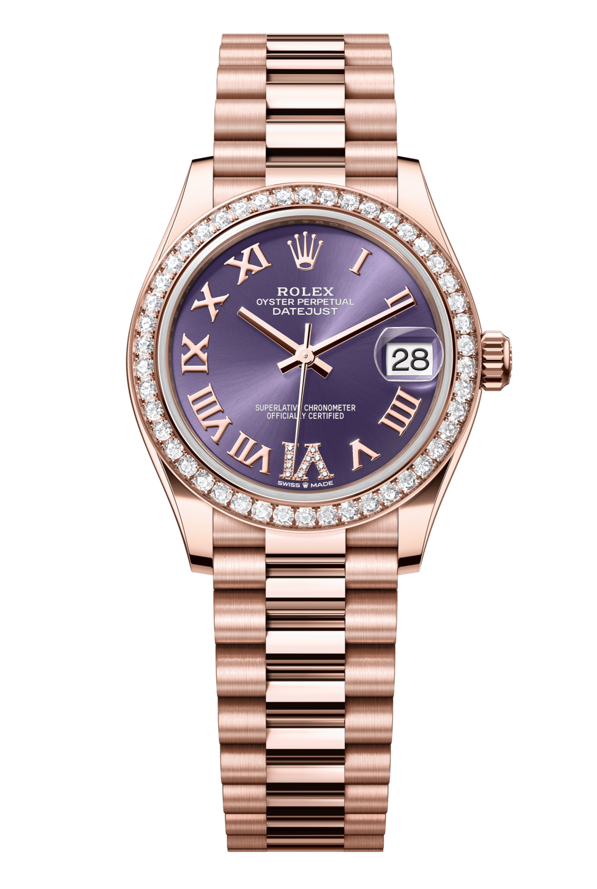 Rolex Oyster Perpetual Datejust 31 in 18 ct Everose gold features an aubergine, diamond-set dial and a President bracelet 278285RBR-Aubergine