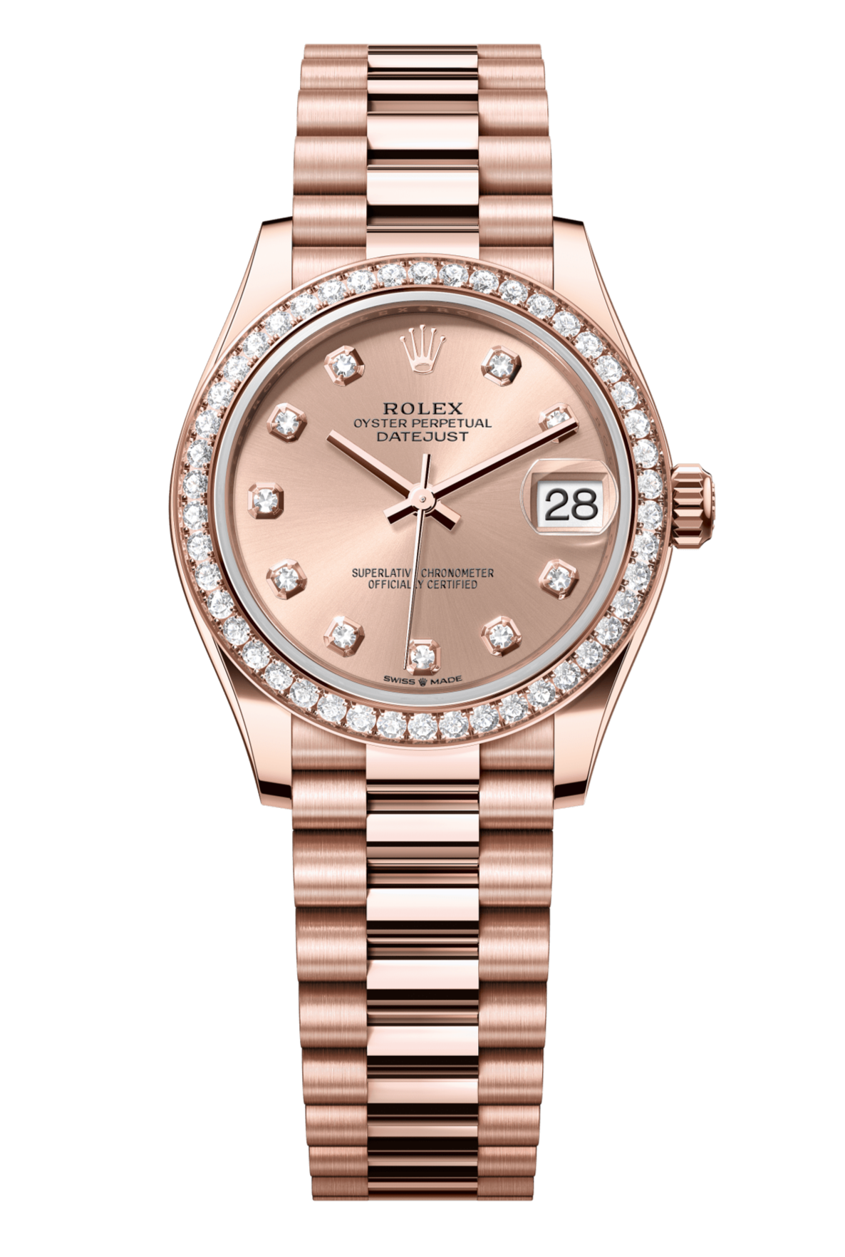 Rolex Oyster Perpetual Datejust 31 in 18 ct Everose gold features a rosé colour, diamond-set dial and a President bracelet 278285RBR-Rose Gold