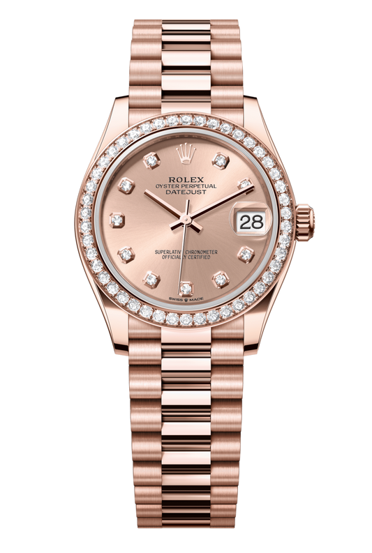 Rolex Oyster Perpetual Datejust 31 in 18 ct Everose gold features a rosé colour, diamond-set dial and a President bracelet 278285RBR-Rose Gold