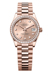 Rolex Oyster Perpetual Datejust 31 in 18 ct Everose gold features a rosé colour, diamond-set dial and a President bracelet 278285RBR-Rose Gold