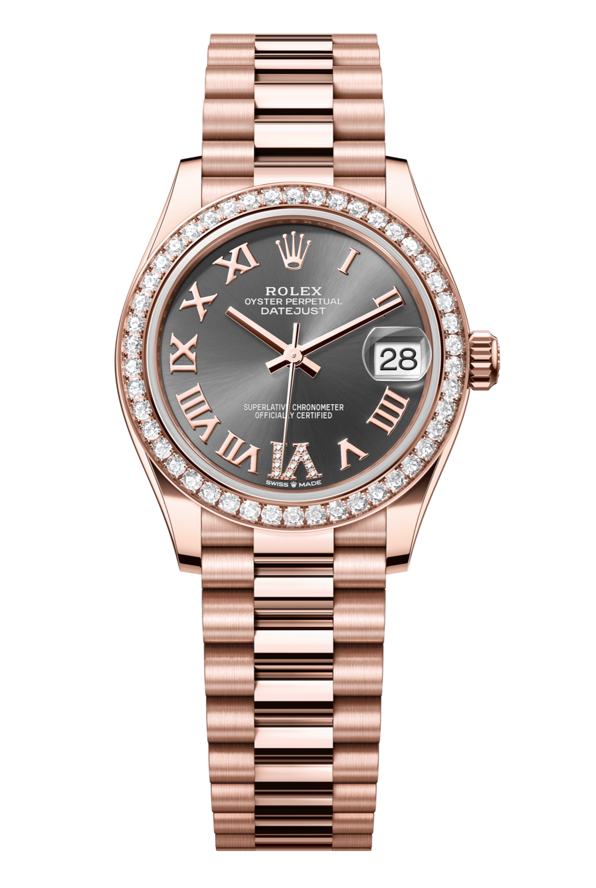 Rolex Oyster Perpetual Datejust 31 in 18 ct Everose gold features a slate, diamond-set dial and a President bracelet 278285RBR-Slate