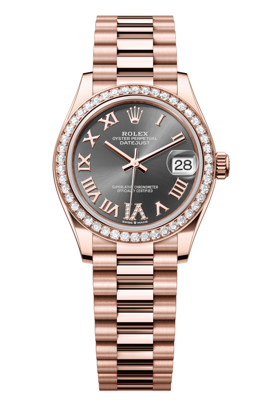 Rolex Oyster Perpetual Datejust 31 in 18 ct Everose gold features a slate, diamond-set dial and a President bracelet 278285RBR-Slate