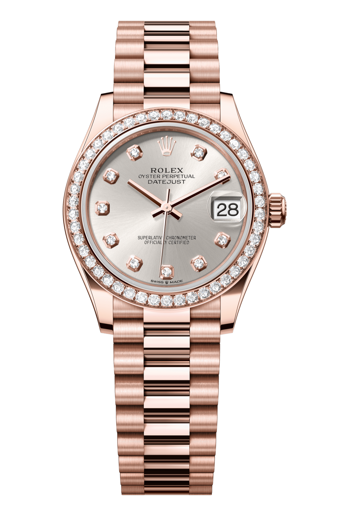 Rolex Oyster Perpetual Datejust 31 in 18 ct Everose gold features a silver, diamond-set dial and a President bracelet 278285RBR-Silver