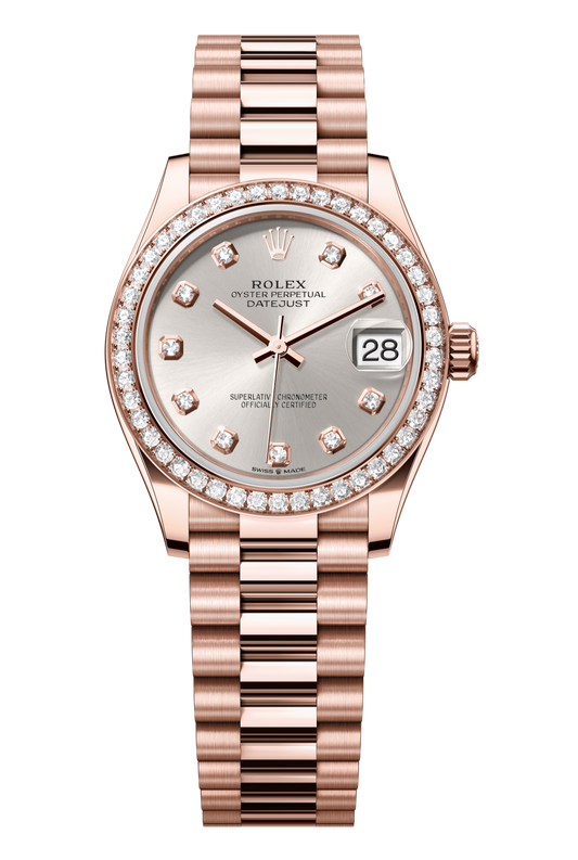 Rolex Oyster Perpetual Datejust 31 in 18 ct Everose gold features a silver, diamond-set dial and a President bracelet 278285RBR-Silver