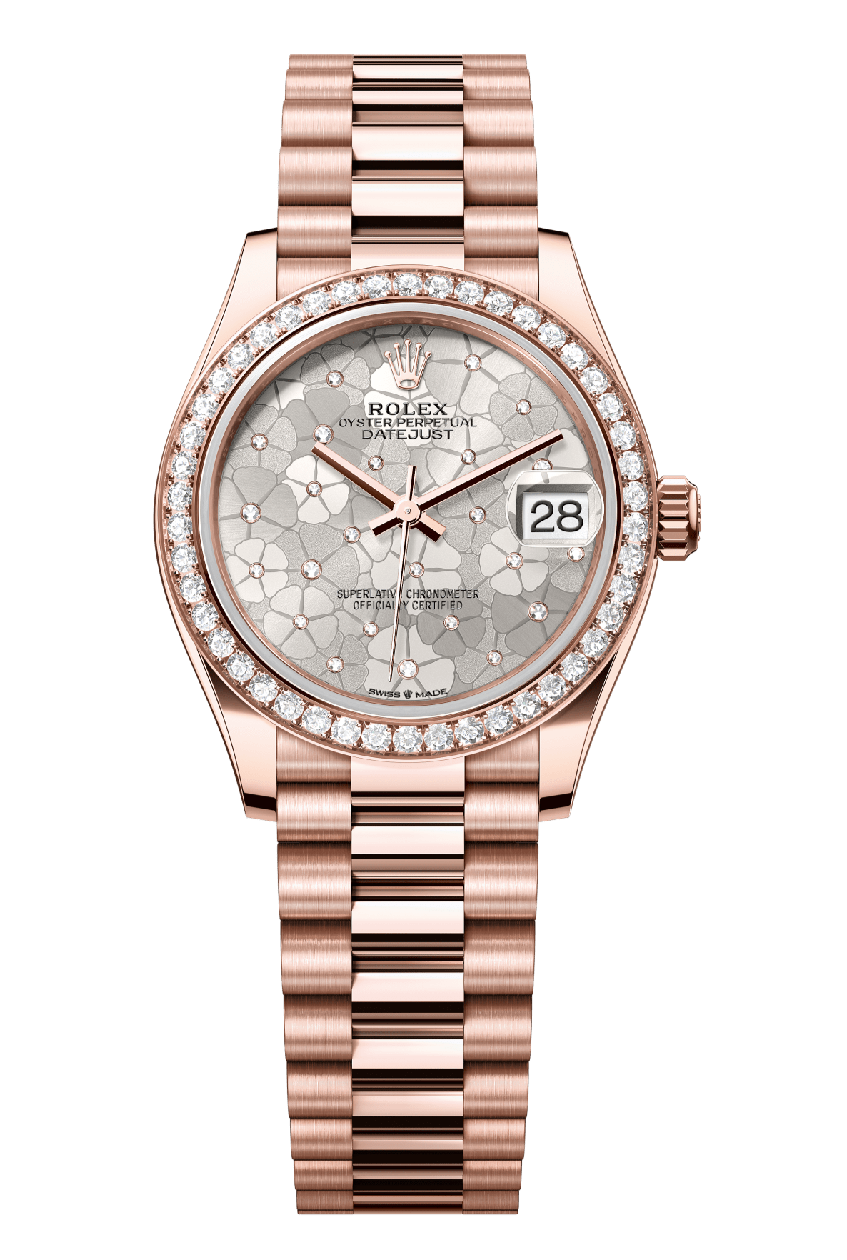 Rolex Oyster Perpetual Datejust 31 in 18 ct Everose gold features a white mother-of-pearl, diamond-set dial and a President bracelet 278285RBR-Silver 1