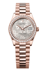 Rolex Oyster Perpetual Datejust 31 in 18 ct Everose gold features a white mother-of-pearl, diamond-set dial and a President bracelet 278285RBR-Silver 1