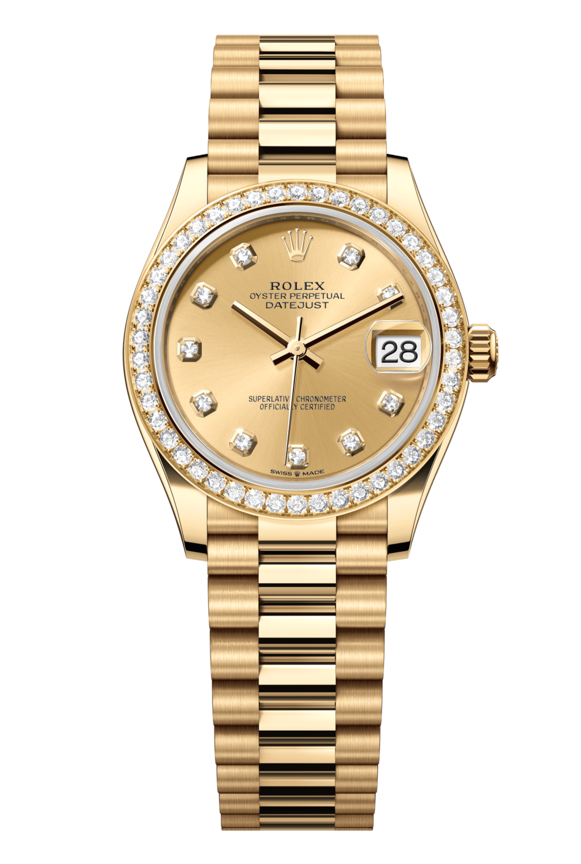 Rolex Oyster Perpetual Datejust 31 in 18 ct yellow gold features a champagne colour, diamond-set dial and a President bracelet 278288RBR-Champagne